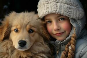 un pequeño niño abrazos su mascota dorado perdiguero. invierno actividad vacaciones. generativo ai. foto