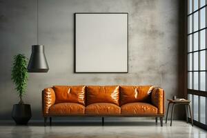 Frame gallery mockup in modern living room interior with leather sofa, minimalist industrial style. Generative ai. photo