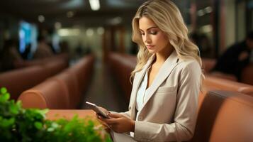 mujer de negocios utilizando teléfono inteligente generativo ai. foto