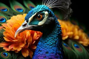 Portrait Of Beautiful Peacock with it feathers all spread out to attract a mate. Generative AI. photo