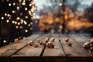 Old wooden boards on a blurred background of Christmas . Empty space for your. generative ai. photo