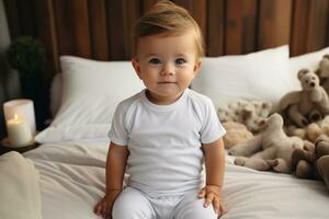 baby wearing a white bodysuit shirt is sitting on a bed in a bedroom. generative ai. photo