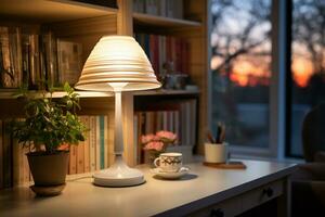 Lamp and books on work desk. generative ai photo