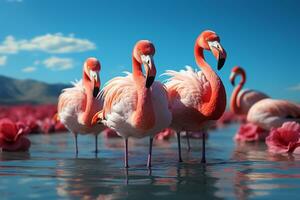 Close up of beautiful African flamingos that are standing in still water with reflection. Generative AI. photo