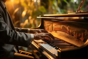 de cerca foto de masculino manos de un persona jugando el piano prensado el llaves. bokeh luces en el antecedentes. fuera de en el naturaleza jugando música instrumento. generativo ai.