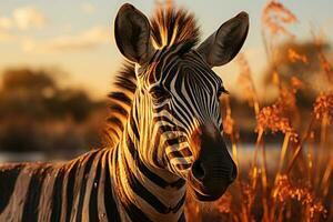 zebra in the field backlit warm lighting sunset nature. Generative AI. photo