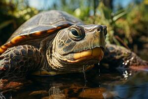 Turtle poke sit shed out of the water pond daylight. Generative AI. photo