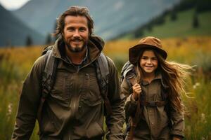 a candid photo of a family and friends hiking together in the mountains in the vacation trip week. sweaty walking in the beautiful american nature. fields and hills with grass. generative ai.