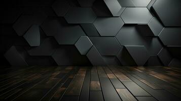 A dark background with a minimalist linear hexagonal design. Generative AI. photo