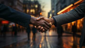 individuals with confidence in the success of profitable business deals. The concept of successful negotiations. Businessman shake hand with partner. generative ai. photo