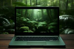 A laptop with a screensaver of green nature, placed on a table in a lush forest. Generative Ai. photo