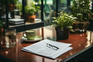 businessman Reading job description paper On the table with potted plants. generative ai. photo