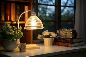 Lamp and books on work desk. generative ai photo