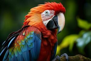 escarlata guacamayo en el bosque frescura verde bosque. generativo ai. foto