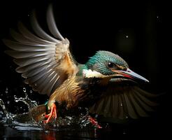 Female Kingfisher Emerging From The Water Dive. Generative AI. photo