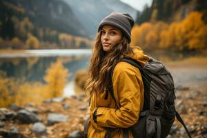 Rear view of a stylish girl, with a backpack, a hat and a yellow jacket, looking at the view of the mountains and the lake while relaxing in the autumn nature. Travel concept. generative ai. photo