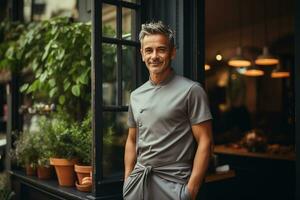 Portrait of happy man standing at doorway of his store. Cheerful mature waiter waiting for clients at coffee shop. generative ai. photo