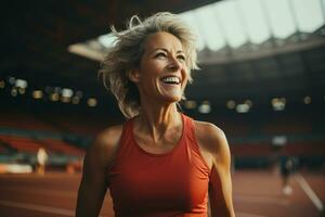 Happy mature woman running in the morning, exercise for weight loss in the stadium. generative ai. photo