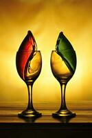 Two wineglasses with splashes on yellow background. Alcohol concept photo