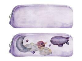 Watercolor hand drawn illustration, kids children painting materials supplies, soft pencil case with space design. Single object isolated on white. For school, kindergarten, party cards, website, shop vector