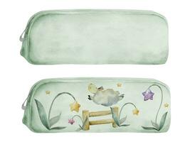 Watercolor hand drawn illustration, kids children painting materials supplies, soft pencil case with sheep jumping over fence. Single object isolated on white. For school, shop, party, cards, website vector