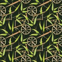 Hand drawn watercolor spinning wheel equipment, thread. Hobby handcraft Natural green bamboo plant. Illustration isolated seamless pattern on dark background. Shop logo print, website, card, booklet. vector