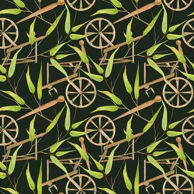 Hand drawn watercolor spinning wheel equipment, thread. Hobby handcraft Natural green bamboo plant. Illustration isolated seamless pattern on dark background. Shop logo print, website, card, booklet.