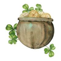 Watercolor hand drawn illustration, Saint Patrick holiday. Leprechaun pot, gold coins, lucky clover shamrock. Ireland tradition. Isolated on white background. For invitations, print, website, cards. vector