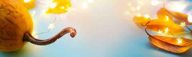 Art happy Thanksgiving banner design. pumpkin and autumn yellow leaves and festive lights on a blue background photo