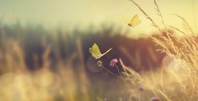 Abstract autumn field landscape at sunset with soft focus. dry ears of grass in the meadow and a flying butterfly photo