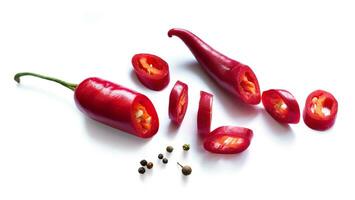 Fresh red chilli pepper and black pepper isolated on white background. Ingredient, spice for cooking. collection for design photo