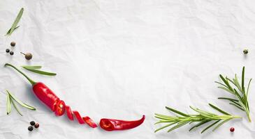 Art Fresh herb rosemary and red chilli pepper on white cooking paper background. Ingredient, spice for cooking. cooking banner design collection photo