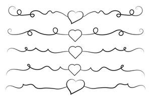 Filigree curly Calligraphic Heart, Fancy Line Flourishes Swirls hearts, curve romantic love separator, Valentines Day divider flourish Swirl, Calligraphy Flourish lettering header hearts scroll vector