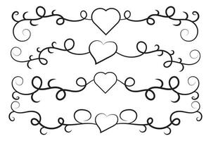 Filigree curly Calligraphic Heart, Fancy Line Flourishes Swirls hearts, curve romantic love separator, Valentines Day divider flourish Swirl, Calligraphy Flourish lettering header hearts scroll vector