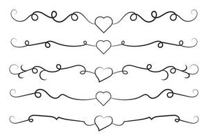 Filigree curly Calligraphic Heart, Fancy Line Flourishes Swirls hearts, curve romantic love separator, Valentines Day divider flourish Swirl, Calligraphy Flourish lettering header hearts scroll vector