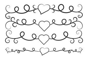 Filigree curly Calligraphic Heart, Fancy Line Flourishes Swirls hearts, curve romantic love separator, Valentines Day divider flourish Swirl, Calligraphy Flourish lettering header hearts scroll vector