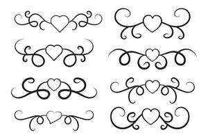 Filigree curly Calligraphic Heart, Fancy Line Flourishes Swirls hearts, curve romantic love separator, Valentines Day divider flourish Swirl, Calligraphy Flourish lettering header hearts scroll vector