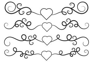 Filigree curly Calligraphic Heart, Fancy Line Flourishes Swirls hearts, curve romantic love separator, Valentines Day divider flourish Swirl, Calligraphy Flourish lettering header hearts scroll vector