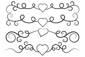 Filigree curly Calligraphic Heart, Fancy Line Flourishes Swirls hearts, curve romantic love separator, Valentines Day divider flourish Swirl, Calligraphy Flourish lettering header hearts scroll vector