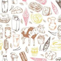 Seamless pattern of hand drawn dairy produce. Eco food. Vector illustrations in sketch style. Engraving style.