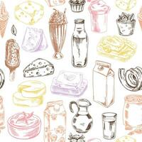 Seamless pattern of hand drawn dairy produce. Eco food. Vector illustrations in sketch style. Engraving style.