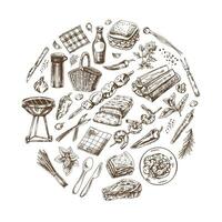 Vintage set of hand drawn monochrome  barbecue and picnic icons. Elements in circle. For the design of the menu of restaurants and cafes, grilled food. Vector illustrations in sketch style.