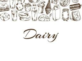 Vintage monochrome dairy produce template, hand-drawn. Eco food. Sketch illustration. Engraved image. Template with an empty space. vector