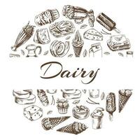 Vintage set of hand drawn monochrome dairy produce icons. Elements in circle. Eco food. Sketch illustration. Engraved image. vector