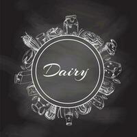 Circular frame for dairy produce label on chalkboard background. Retro hand drawn vector illustration. Template element for packaging design.