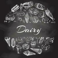 Vintage set of hand drawn monochrome dairy produce icons on chalkboard background. Elements in circle. Eco food. Sketch illustration. Engraved image. vector