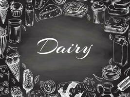 Vintage monochrome dairy produce template, hand-drawn on chalkboard background. Eco food. Sketch illustration. Engraved image. Template with an empty space. vector