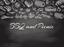 Vintage monochrome barbecue and picnic template with an empty space, hand-drawn on chalkboard background.  For the design of the menu of restaurants and cafes, grilled food. vector