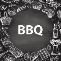 Vintage monochrome barbecue and picnic  template, hand-drawn on chalkboard background. For the design of the menu, grilled food in a vintage doodle style. Template with an empty space in the center. vector