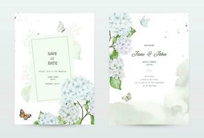Set of watercolor invitation cards with white hydrangea flowers vector